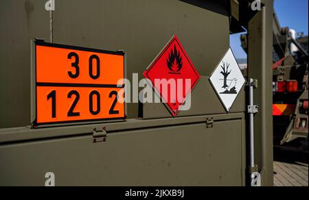 Entflammbar und gefährlich - gefährliche Meeresschadstoffsubstanz - Schild auf der braunen grünen Metallseite des Militärbenzin- oder Betankungsfahrzeugs Stockfoto