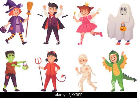 Halloween Kinderkostümskarneval. Kid Halloweek verkleiden sich Kostüme Party Jungen Mädchen Freund spielen Trick or treat in Monster Maske Geist Vampir, geniale Vektor-Illustration von Karneval Party Urlaub Stock Vektor