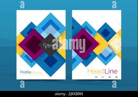 Satz von Seiten im Vorder- und Rückseitenformat A4, Designvorlagen für Geschäftsberichte für den Jahresabschluss. Geometrische quadratische Formen Hintergründe. Vektorgrafik Stock Vektor