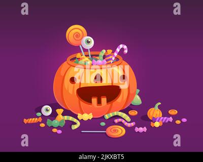 Süßigkeiten in Kürbisbeutel. Halloween Kürbisse Eimer voll Bonbon-Box oder Schokolade leckere Trüffelbonbons, Trick-or-treating Feier Tasche für glückliche Kinder, geniale Vektor-Illustration von halloween Kürbis Stock Vektor