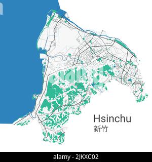 Hsinchu-Vektorkarte. Detaillierte Karte des Verwaltungsgebiets der Stadt Hsinchu. Stadtbild-Panorama. Lizenzfreie Vektorgrafik. Straßenkarte mit Autobahnen, ri Stock Vektor