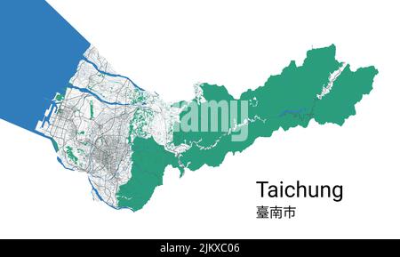 Taichung-Vektorkarte. Detaillierte Karte des Verwaltungsgebiets der Stadt Taichung. Stadtbild-Panorama. Lizenzfreie Vektorgrafik. Straßenkarte mit Autobahnen, Stock Vektor