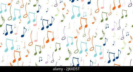 Nahtlos fliegende Noten auf Weiß. Musikalische Symbole für Banner des Festivals, Print-Design, Melodieaufnahme, Design-Rückenschichten. Bunte musikalische n Stock Vektor