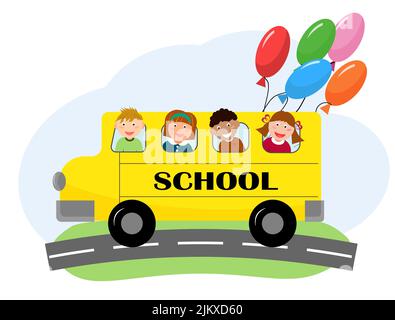 Kinder fahren mit dem Schulbus. Drucken Sie zurück zur Schule. Vektorgrafik. Stock Vektor