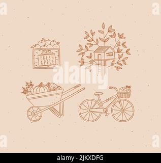 Dorf Sammlung von Ikonen Apfelkiste, Baumhaus, Gemüsewagen, Fahrrad-Zeichnung in Grafik-Stil auf Pfirsich-Hintergrund Stock Vektor