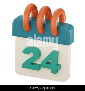 Symbol für Tageskalenderplan mit der isolierten Zahl „'24'“, 3D Render, 3D Illustration. Stockfoto