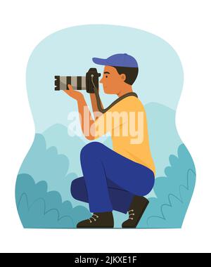 Junger Fotograf Mann fotografiert die Natur. Stock Vektor