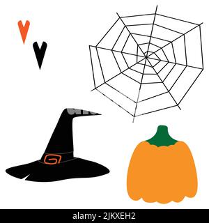 Set aus drei bunten Halloween-Elementen und zwei Herzformen, Kürbissen, Hexenhut und Netz. Handzeichnung. Geeignet für Aufkleber, Poster, Einladungen, Postkarten Stock Vektor