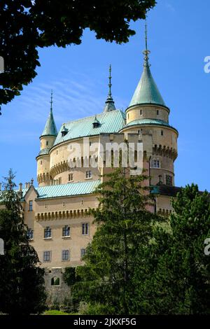 Eine vertikale Aufnahme des historischen Schlosses Bojnice mit blauen Kuppeln in der Slowakei aus dem Rahmen von Bäumen Stockfoto