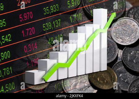 Wirtschaftsdiagramm: Aufwärtspfeil, Frankenmünzen und Börsenkennzahlen Stockfoto