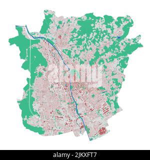 Vektorkarte Graz. Detaillierte Karte des Verwaltungsgebiets der Stadt Graz. Stadtbild-Panorama. Straßenkarte mit Gebäuden, Wasser, Wald. Dekorative Karte für Touristen. Stock Vektor