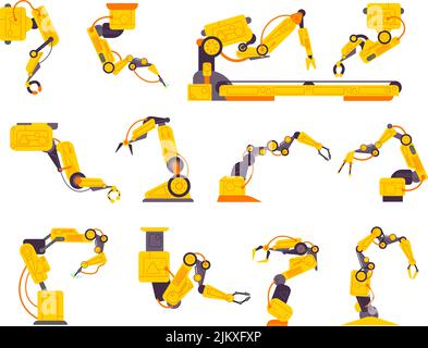 Fabrikmanipulatoren. Mechanische Roboterarme für die Montage von Baumaschinen oder Automobilfabriken, hydraulische Handindustrie für zukünftige Anlagen Förderer, prächtige Vektordarstellung des Roboterarms Stock Vektor