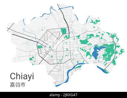 Chiayi-Vektorkarte. Detaillierte Karte des Verwaltungsgebiets der Stadt Chiayi. Stadtbild-Panorama. Lizenzfreie Vektorgrafik. Straßenkarte mit Autobahnen, Rive Stock Vektor