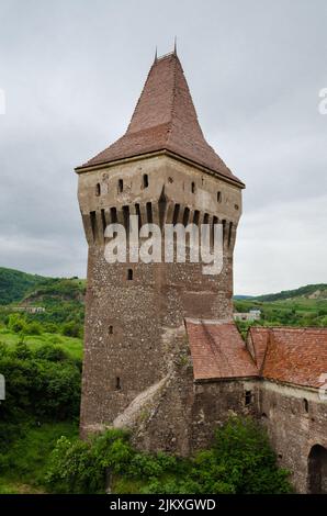 Eine vertikale Aufnahme des Burgturms von Corvin, auch bekannt als Burg Hunyadi oder Burg Hunedoara. Rumänien. Stockfoto