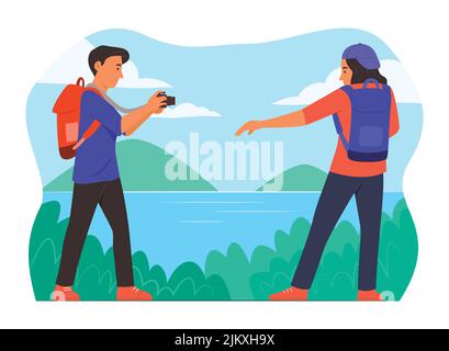 Teenager-Reisende machen gerne Fotos mit der Natur. Stock Vektor