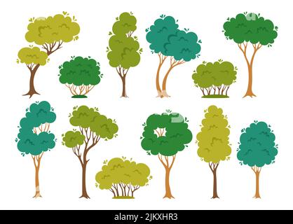 Bäume und Sträucher flach Cartoon-Set. Abstrakte immergrüne stilisierte Pflanzenbotanische Sammlung, Natur Öko Busch. Laubbaum mit Blättern und üppigen Kronen. Grüner Park, Wald Landschaft Vektor-Illustration Stock Vektor