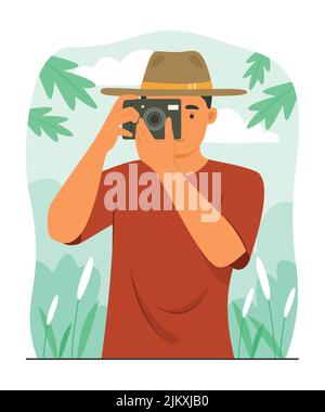 Junger Mann konzentriert sich auf das Fotografieren. Stock Vektor