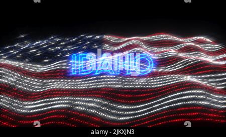 Eine winkende Flagge der USA mit blauen Neonbuchstaben, die Idaho auf schwarzem Hintergrund besagen Stockfoto