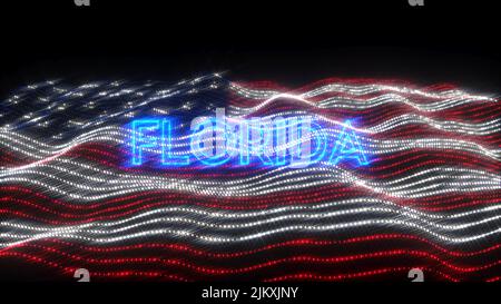 Eine winkende Flagge der USA mit blauen Neonbuchstaben, die Florida auf schwarzem Hintergrund besagen Stockfoto