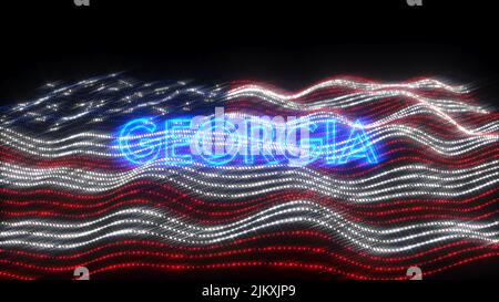Eine winkende Flagge der USA mit blauen Neonbuchstaben, die Georgien auf schwarzem Hintergrund besagen Stockfoto