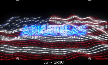 Eine winkende Flagge der USA mit blauen Neonbuchstaben, die Arkansas auf schwarzem Hintergrund besagen Stockfoto