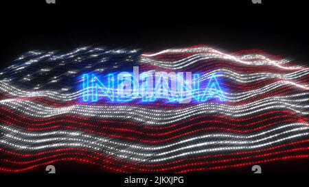 Eine winkende Flagge der USA mit blauen Neonbuchstaben, die Indiana auf schwarzem Hintergrund besagen Stockfoto