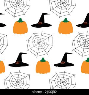 Nahtloses Halloween-Muster aus einem Kürbis, einem Hexenkopf und Spinnweben. Sich wiederholende Textur. Abstrakter Hintergrund. Modisches Druckdesign. Vorlage für Geschenkpapier, Poster, Postkarte, Grußkarte, Preisschild, Banner. Lifestyle. Stock Vektor