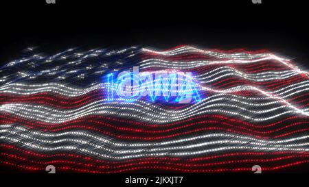 Eine winkende Flagge der USA mit blauen Neonbuchstaben, die Iowa auf schwarzem Hintergrund besagen Stockfoto