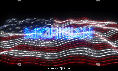 Eine winkende Flagge der USA mit blauen Neonbuchstaben, die Michigan auf schwarzem Hintergrund besagen Stockfoto