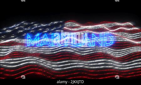 Eine winkende Flagge der USA mit blauen Neonbuchstaben, die Maryland auf schwarzem Hintergrund besagen Stockfoto