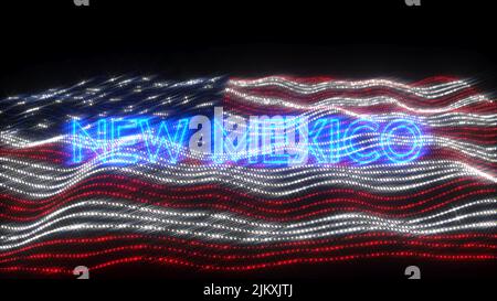 Ein Illustrationsdesign des STAATES NEW MEXICO in Neonbuchstaben mit dunklem Hintergrund über der US-Flagge Stockfoto