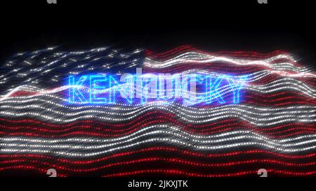 Eine winkende Flagge der USA mit blauen Neonbuchstaben, die Kentucky auf schwarzem Hintergrund besagen Stockfoto