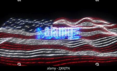 Eine winkende Flagge der USA mit blauen Neonbuchstaben, die Maine auf schwarzem Hintergrund besagen Stockfoto
