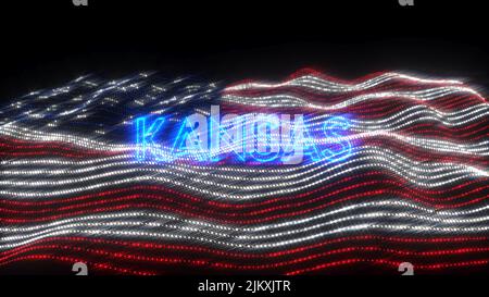 Eine winkende Flagge der USA mit blauen Neonbuchstaben, die Kansas auf schwarzem Hintergrund besagen Stockfoto