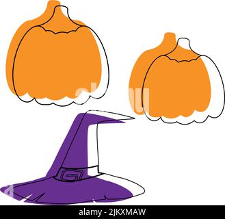 Set aus zwei bunten Kontur-Kürbissen und einem Uhrenhut. Umrisszeichnung mit bunten Flecken. Geeignet für Aufkleber, Poster, Einladungen, Postkarten Stock Vektor