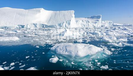 Weiße und leuchtend blaue Eisberge, die im Ilulissat-Eisfjord in Grönland schweben Stockfoto