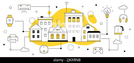 Smart-Home-Technologie Doodle-Konzept. Haus mit Internet der Dinge System, zentrale Netzsteuerung von Licht, Heizung, Lüftung, Klimaanlage, Sicherheit, Liniengrafik flache Vektorgrafik Stock Vektor