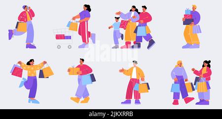 Kunden Charaktere kaufen im Market Store. Menschen in einem Einkaufszentrum oder einer Boutique, Besucher mit Trolley und Papiertüten, die im Geschäft einkaufen. Männer, Frauen und Kinder mit Einkäufen, Line Art flaches Vektor-Set Stock Vektor