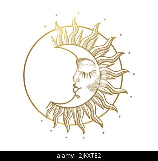Schöner goldglänzender Halbmond mit Strahlen und Gesicht, Boho-Illustration, stilisiertes Vintage-Design. Mystisches Boho-Element für Design, Logo, Mond ta Stock Vektor