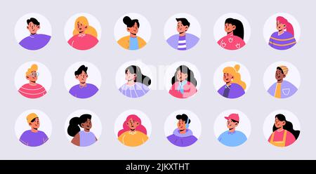 Setzen Sie Menschen Avatare, Gesichter von männlichen und weiblichen Charakteren. Junge Männer oder Frauen Portraits für Social Media und Webdesign, diverse Personen, Jugendliche isolierte runde Icons, Linienkunst flache Vektor-Illustration Stock Vektor