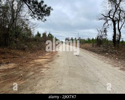 Burke County, GA USA - 12 27 21: Unbefestigte Landstraße in Georgia und wolkig Stockfoto