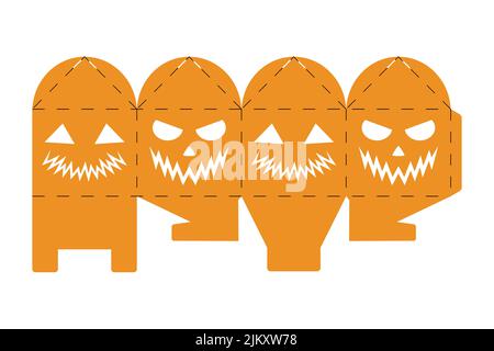 Halloween-Treat-Box mit gruseligen Kürbissen. Jack-o-Laterne Gesichts-Geschenk-Party-Verpackung für süß, Süßigkeiten, kleines Geschenk, Bäckerei. Einfaches Paket, gestanzte Stock Vektor