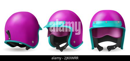 Motorradhelm für Moto-Rennen und Motorroller. Vektor realistische Illustration von 3D retro rosa Helm mit blauem Visier und Brille in Front-, Rücken-und Winkelansicht isoliert auf weißem Hintergrund Stock Vektor