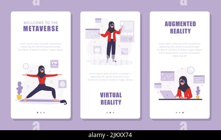 Metaverse-Konzept. Satz mobiler Banner. Arabische Frauen mit VR-Headset. Die Realität und den Cyberspace verbessern. Moderne Technik für Unterhaltung. Vektor Stock Vektor