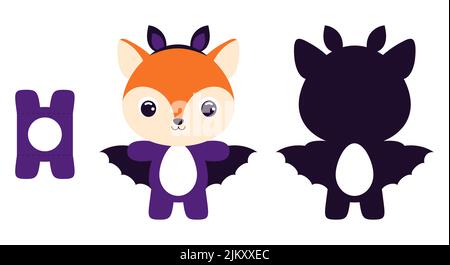 Niedliche gestanzte Halloween Fuchs Schokolade Ei Halter Vorlage. Cartoon Tierfigur in einem Fledermaus Kostüm. Einzelhandel Papierbox für das osterei. Druckbare CO Stock Vektor