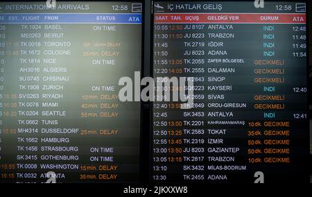 Anzeige der Abfahrtsinformationen mit dem Flugplan FÜR nationale und internationale Flüge SAW, Sabiha Gokcen International Airport, Istanbul, Türkei Stockfoto