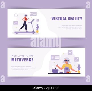 Metaverse-Banner. Ältere Frauen mit VR-Headset. Virtual Reality und Cyberspace. Moderne Technik für Unterhaltung. Vektorgrafik in flacher Form Stock Vektor