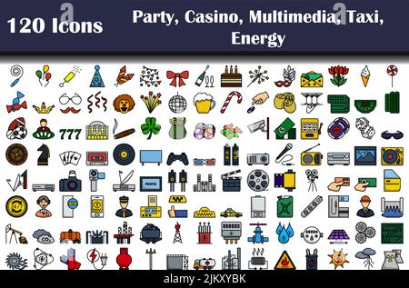 120 Ikonen Der Partei, Kasino, Multimedia, Taxi, Energie. Editierbare Fett Formatigte Kontur Mit Farbfüllungsdesign. Vektorgrafik. Stock Vektor