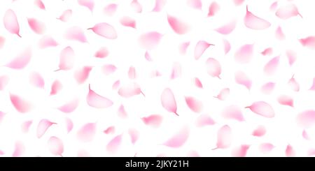 Nahtlose rosa Sakura-Blütenblätter. Fallende realistische Kirschblüten auf Weiß. Japanische Tapete mit funky Blumen. Perfektes Design für Hochzeit, Valentinstag, Stock Vektor