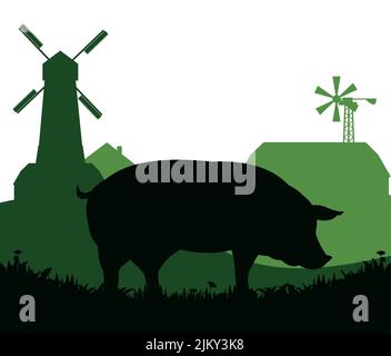 Schweine weiden auf der Weide. Bildsilhouette. Haustiere auf dem Bauernhof. Ländliche Landschaft mit Bauernhaus. Tiere für Fleisch und Fett. Isoliert auf weißem Hintergrund Stock Vektor
